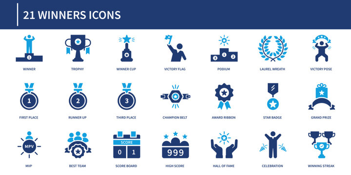 Winners icon collection in modern solid style featuring champion, trophy, medal, podium, award, badge, celebration, hall of fame, and recognition symbols