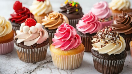 An assortment of colorful cupcakes with various frostings and toppings on a marble surface close up view