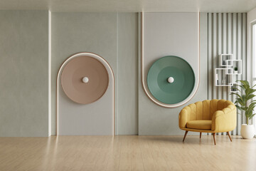 Contemporary interior design of a stylish living room featuring a mustard yellow armchair, green indoor plant, and artistic wall decorations- 3D rendering