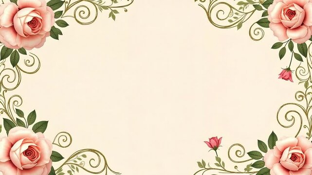Elegant Floral Frame Background featuring delicate pink roses and gold swirls perfect for invitations cards or romantic projects