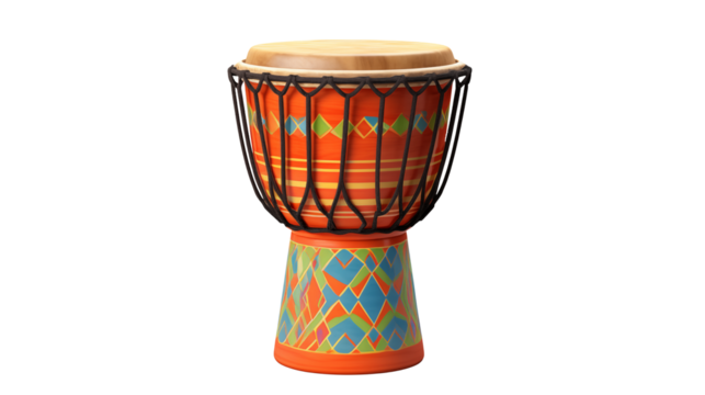 Vibrant African Djembe Drum with Colorful Geometric Patterns isolated on transparent  Background