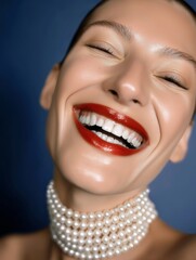 Close-up portrait of a smiling woman with bright red lipstick and perfect white teeth.  Ideal for dental clinic marketing or cosmetic dentistry campaign.