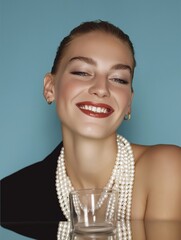 Close-up portrait of a smiling woman with bright red lipstick and perfect white teeth.  Ideal for dental clinic marketing or cosmetic dentistry campaign.
