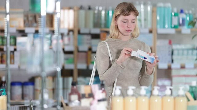 Attentive young woman client choosing ointment in box in chemist's shop. High quality 4k footage