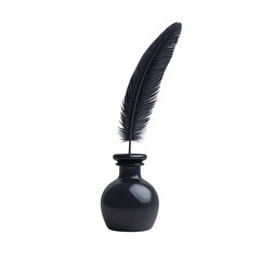 Elegant feather quill pen with classic black inkpot transparent background captivating writing tool artistic concept