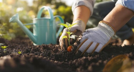 Fototapeta premium Planting Seedling in Garden Soil