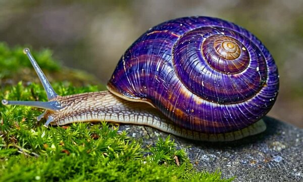 Colorful snail crawling on a mossy rock in a serene natural setting, showcasing its vibrant shell