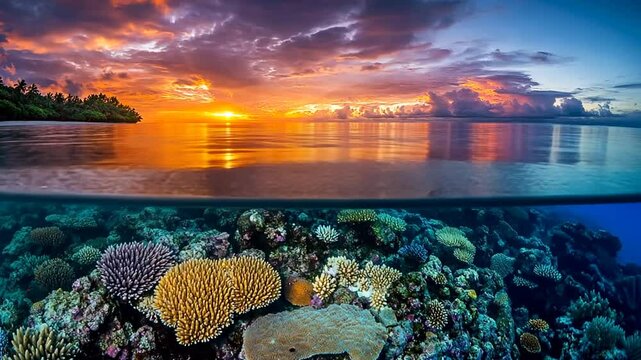 Colorful Coral Reef Ecosystem Underneath Tranquil Ocean Surface at Dramatic Sunset