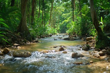 Obraz premium Flowing river in a tropical forest in Thailand surrounded by lush greenery and stones, River flow in tropical forest Thailand travel background