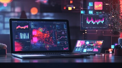 Laptop and Tablet Displaying Complex Data Visualizations for Business Analysis - Powered by Adobe