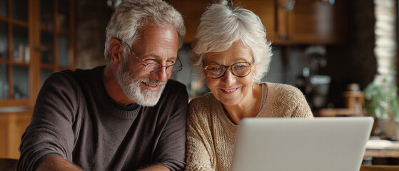 Smiling senior couple looking at a laptop screen indoors with natural light