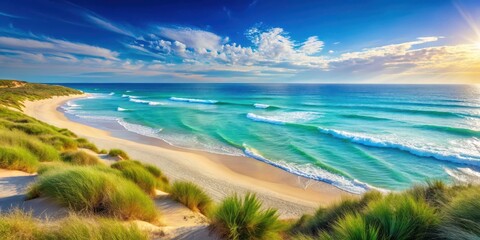 Serene Coastal Vista  Sunlit Sands Meet Turquoise Waves Rolling Gently Ashore on a Picturesque Beach