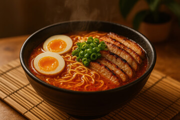 Spicy ramen bowl with grilled pork, soft boiled eggs, scallions, and noodles served hot on a bamboo mat in cozy indoor setting