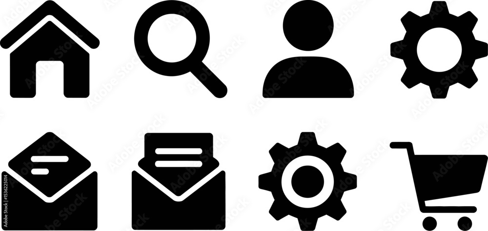 Poster website icons set vector home search user settings mail shop ecommerce navigation ui design graphic 