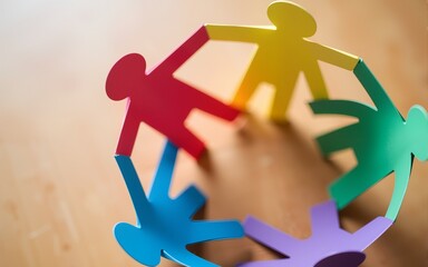 Colorful paper cutout figures forming a circle, symbolizing unity, teamwork, and community on a wooden surface. High quality
