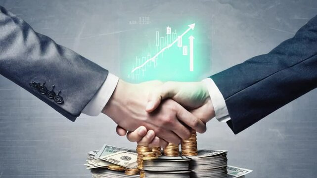 A business handshake with an overlay of a growing financial graph, symbolizing successful partnership and economic growth. Ideal for finance, business, or investment.