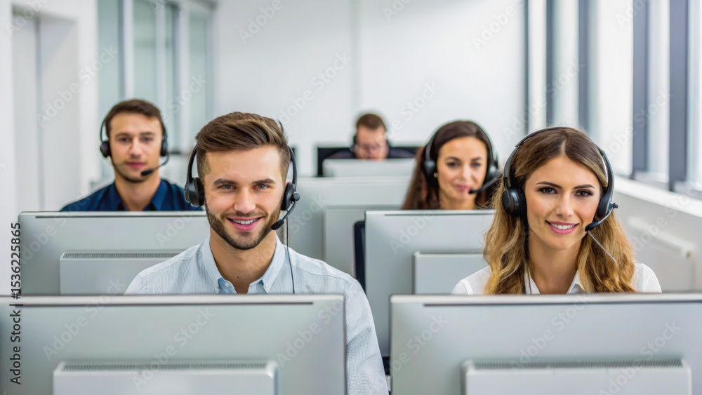 Poster a team of diverse customer service representatives wearing headsets, smiling and working at computer