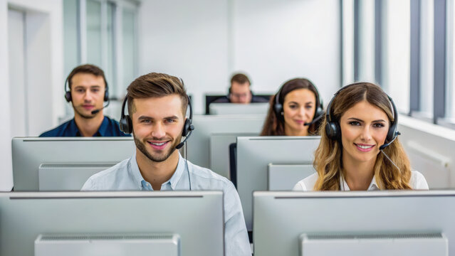 A team of diverse customer service representatives wearing headsets, smiling and working at computers in a bright office environment.