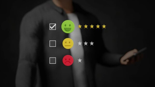 Excellent feedback, five star rating, user satisfaction, positive customer experience, quality service, excellent service review. Businessman giving 5-star rating on virtual screen. 4K 3D animation