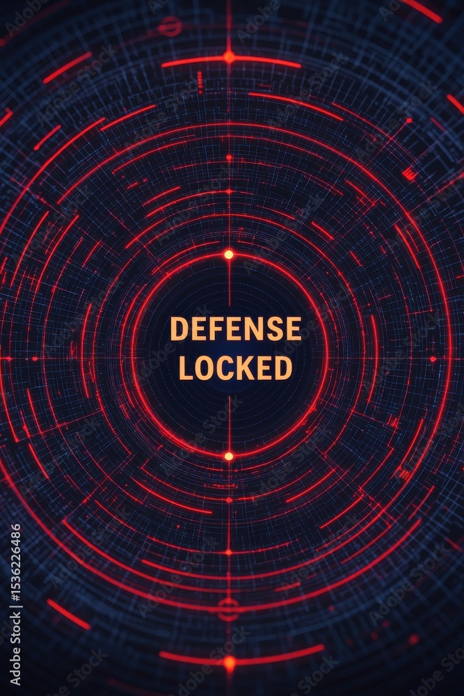Poster defense system concepts. a futuristic digital interface with red concentric circles and the phrase 