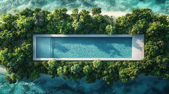 Aerial view of a rectangular pool nestled within a lush, tropical island setting