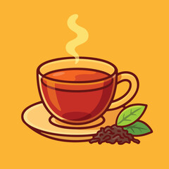 Vector illustration of a hot cup of tea with steam, saucer, and tea leaves. Perfect for cafe menus, wellness, and food designs.