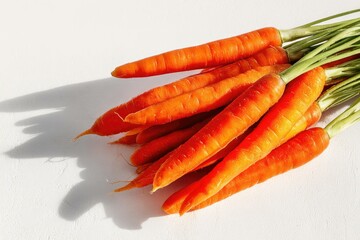 Cluster of juicy carrots overlapping, shadow on white