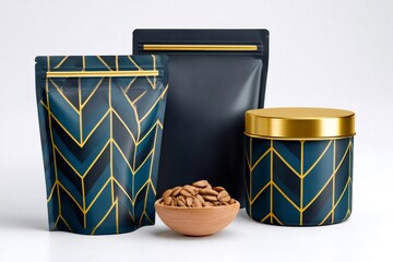 Coffee packaging and wooden bowl displaying coffee beans