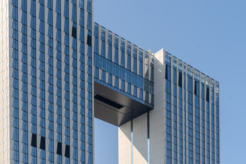 Image capturing diverse architectural styles and forms of a hotel exterior.


