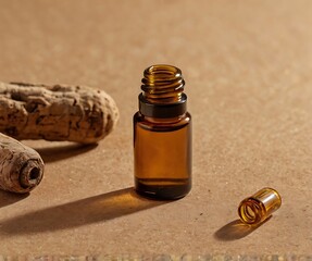 Amber Glass Vial of Essential Oil on Beige Corkboard