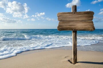 Wooden sign standing on sandy beach with gentle waves and bright blue sky in the background, Wooden sign on sandy beach with waves and blue sky