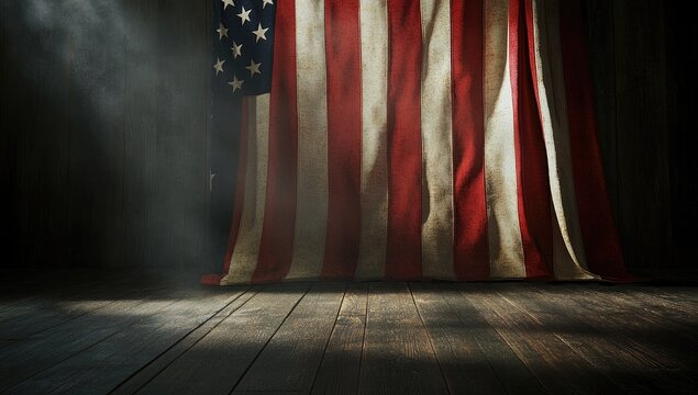 The American flag is draped over the dark wooden background, creating an atmosphere of pride and solemnity for U.S. holiday events like Independence Day or Victory Day. - Powered by Adobe