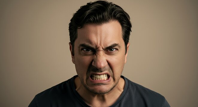Angry Man Close-up Portrait, Intense Facial Expression, Studio Shot, Emotional Photography