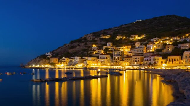 A charming coastal town illuminated at night, with warm lights reflecting on calm water, symbolizing European charm and serene nightlife. Ideal for travel vlogs or romantic content.