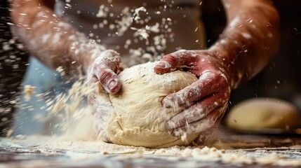 Close up of hands kneading dough with flour in the air creating a dynamic and textured composition