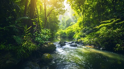 A tranquil jungle river meandering through a green paradise

