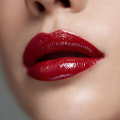 Fototapeta premium Close-up of flawless lips adorned with vibrant red lipstick, showcasing elegance and beauty.