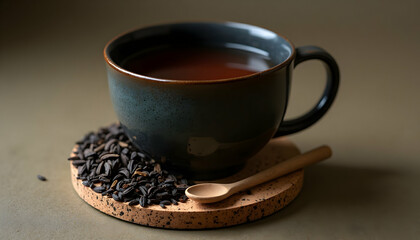 Obraz premium Cup of Tea with Loose Tea and Wooden Spoon
