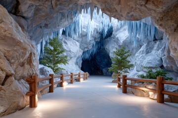 Wooden walkway leading into illuminated ice cave with stalactites