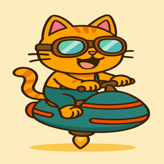 Obraz premium A cartoon cat joyfully rides a futuristic hoverbike, wearing aviator glasses while its tail swirls behind, capturing a sense of excitement and adventure.