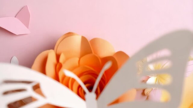 Pastel paper art composition featuring handmade paper flowers and delicate die cut butterfly against soft pink backdrop.