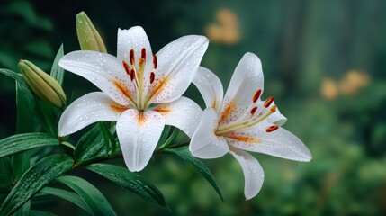 Two beautiful white lilies with water drops are growing in the garden