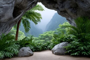 Lush vegetation growing inside a large cave overlooking a green valley
