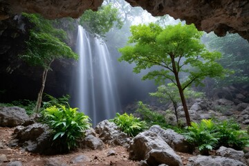 Beautiful waterfall flowing from cave entrance surrounded by lush green vegetation