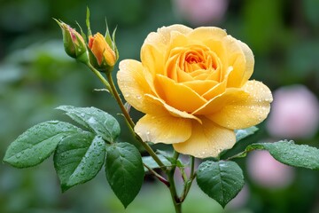 Golden yellow rose blooming in the garden after the rain