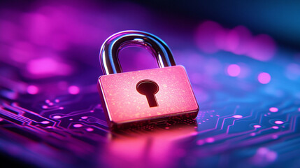 Floating digital lock on a glowing colorful circuit board background, symbolizing cyber security, fraud prevention, privacy, and secure computing systems with space for text or captions.

