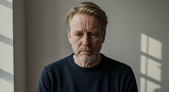 Portrait of a pensive middle-aged man,  contemplative expression, indoor setting, natural light.