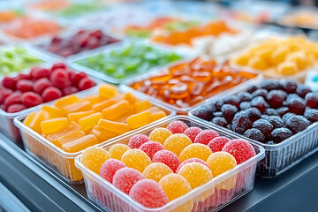 Vibrant assortment of colorful gummy candies arranged in boxes, showcasing enticing textures and flavors.