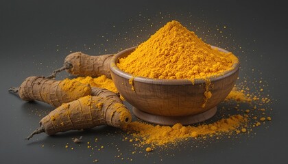 Golden Turmeric Powder in Ceramic Bowl - Isolated Background