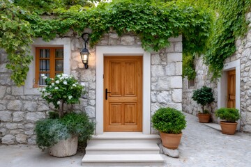 Fototapeta premium Elegant wooden door and window enhancing a charming stone house with climbing plants